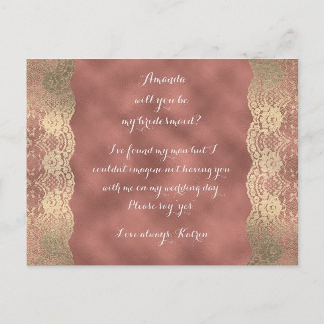 Invitation Carte Postale Rose Gold Lace Blush Serez-Vous Ma Femme D'Accueil (Devant)