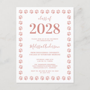 Invitation Carte Postale Rose Gold Paillettes Empreintes de Patte Diplômé
