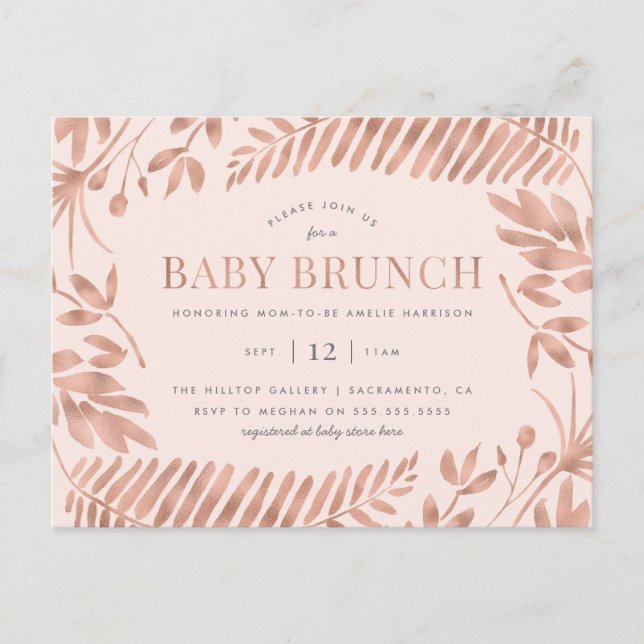Invitation Carte Postale Rose Gold Tropical Greenery Baby Brunch (Devant)