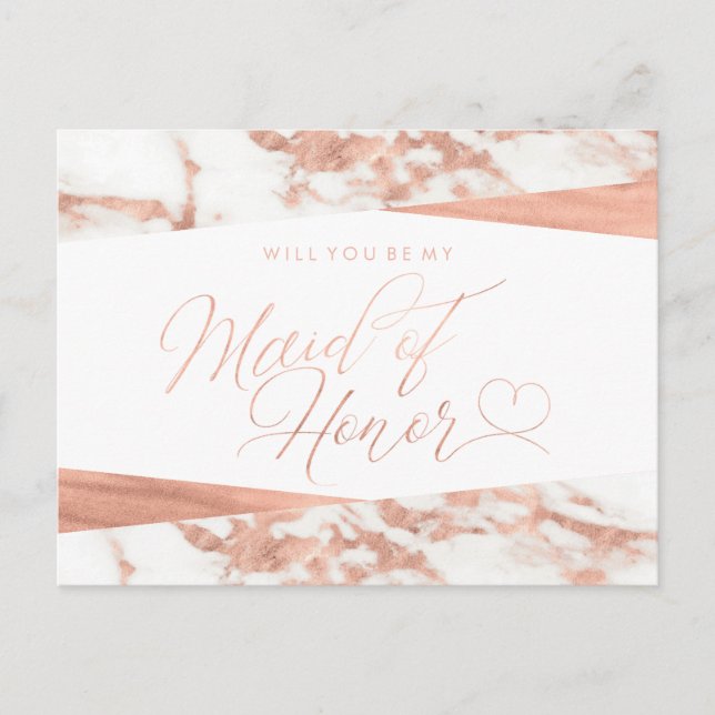 Invitation Carte Postale Rose Marbre blanc d'or Maid of Honor Proposition (Devant)
