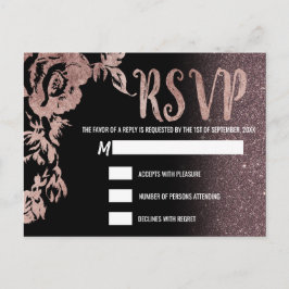 Invitation Carte Postale Rose noire pailletée or floral RSVP