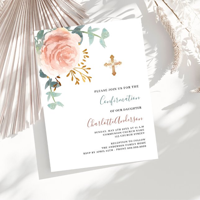 Invitation Carte Postale Rose or rose verdure or croix confirmation (Créateur téléchargé)