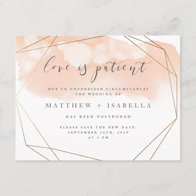 Invitation Carte Postale Rose Pâle Aquarelle Report Amour Est Patient (Devant)
