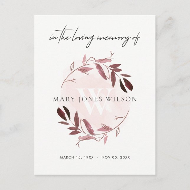 INVITATION CARTE POSTALE ROSE PURPLE FOLIAGE WREATT MERCI MÉMORIAL (Devant)