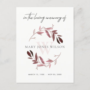 INVITATION CARTE POSTALE ROSE PURPLE FOLIAGE WREATT MERCI MÉMORIAL