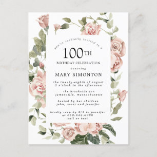 Invitation Carte Postale Rose rose Floral verdure 100e anniversaire