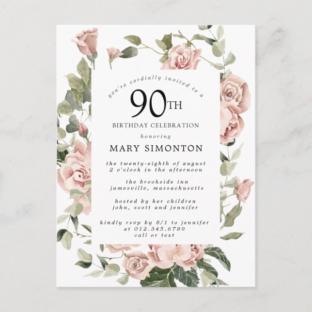Invitation Carte Postale Rose Rose Floral Verdure 90e anniversaire (Devant)