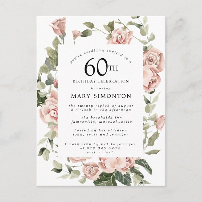 Invitation Carte Postale Rose Rose Floral Vert 60e anniversaire (Devant)