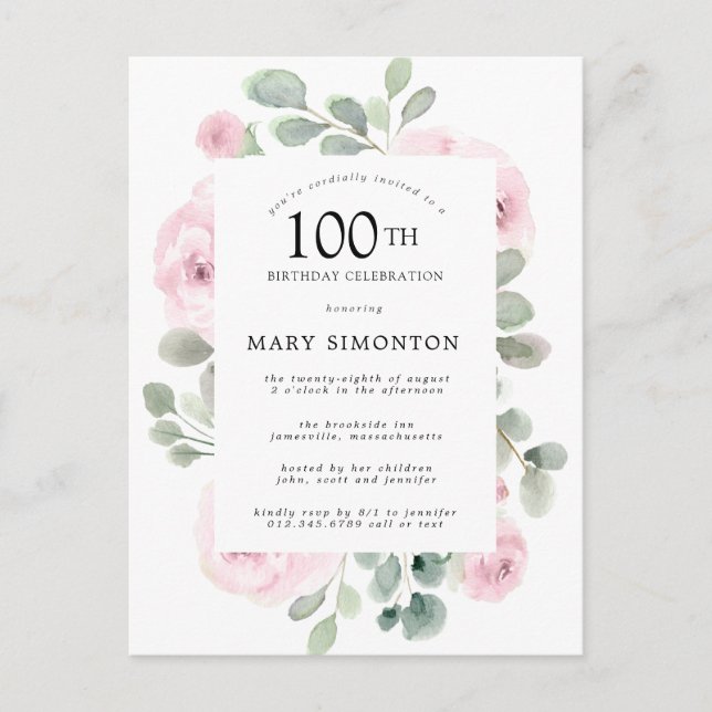 Invitation Carte Postale Rose rose florale Eucalyptus 100e fête d'anniversa (Devant)