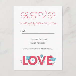 Invitation Carte Postale Rose RSVP Amour Mariage Fête Cœurs Papillon