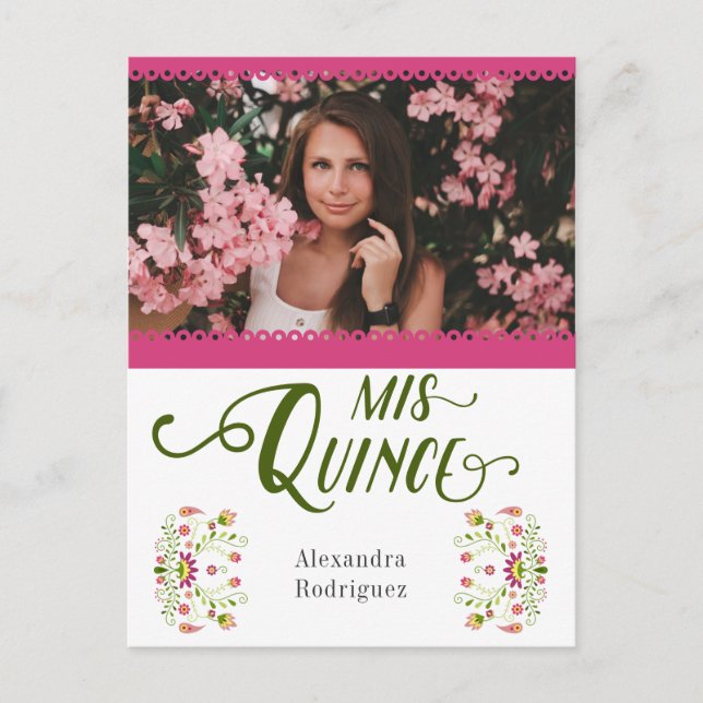 Invitation Carte Postale Rose traditionnel mexicain Floral Photo Quinceaner (Devant)