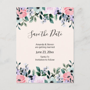 Invitation Carte Postale Rose violet vert Aquarelle Floral Enregistrer la d