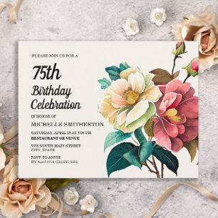 Invitation Carte Postale Roses blanches rouges 75e anniversaire femme