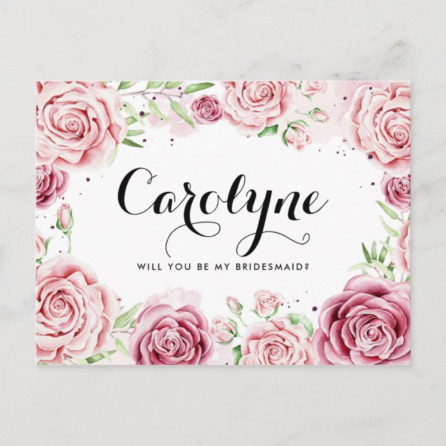 Invitation Carte Postale Roses D'Aquarelle Rose Serez-Vous Ma Femme D'Accue (Devant)