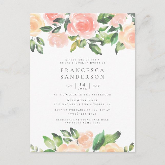 Invitation Carte Postale Roses de la pêche peinte | Fête des mariées modern (Devant)