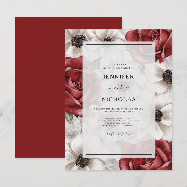 Invitation Carte Postale Roses rouges de Bourgogne blanc Anémone Mariage fl (Devant / Derrière)