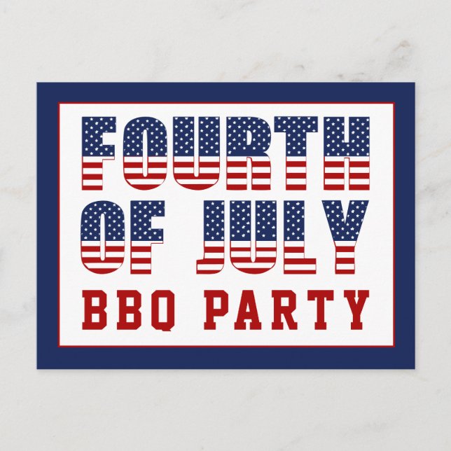 Invitation Carte Postale Rouge Blanc Bleu Étoiles Rayures 4 juillet BBQ Par (Devant)
