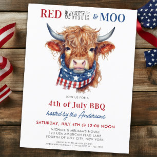 Invitation Carte Postale Rouge blanc Moo Patriotique Highland Cow 4 juillet