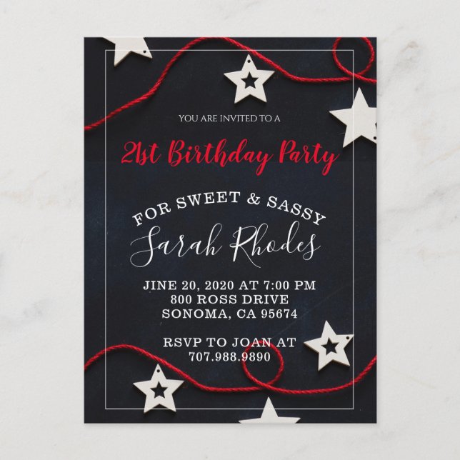 Invitation Carte Postale Rouge Blanc & Noir Étoiles Douces Et Sassy Anniver (Devant)