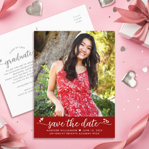 Invitation Carte Postale Rouge Enregistrer la date Graduation Photo Script