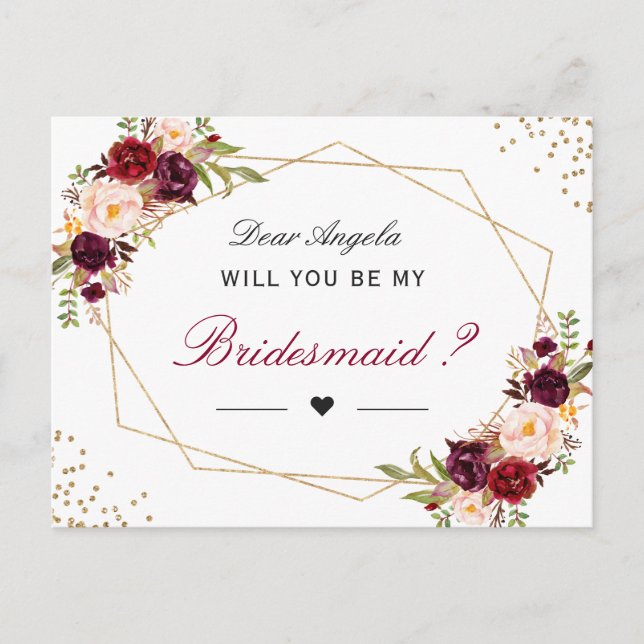 Invitation Carte Postale Rouge Floral Géométrique Serez-Vous Ma Femme D'Acc (Devant)