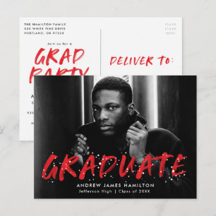 Invitation Carte Postale Rouge Modern Paint Splatter Photo Graduation Par