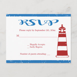 Invitation Carte Postale Rouge Nautique Phare Bleu RSVP Mariage / Fête