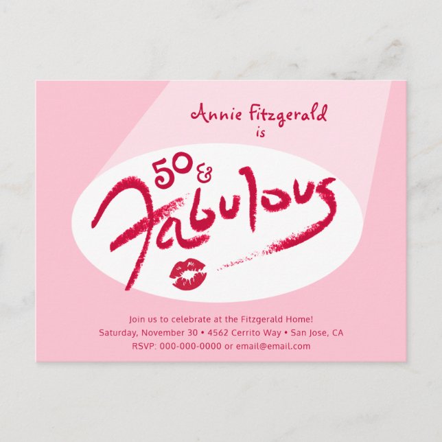 Invitation Carte Postale Rouge rose rouge lèvres 50 et fabuleux fête d'anni (Devant)