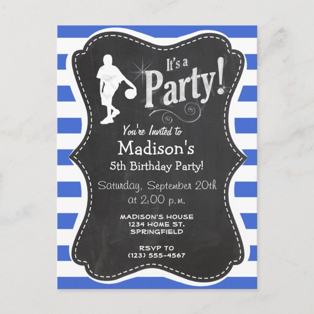 Invitation Carte Postale Royal Blue and White Stripes; Basket-ball (Devant)