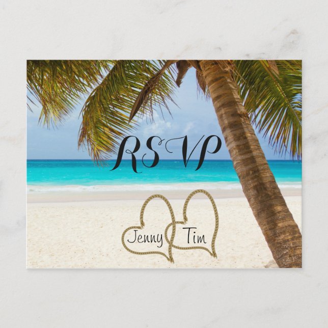 Invitation Carte Postale RSVP amour sur la plage coeurs mariage palmier sab (Devant)
