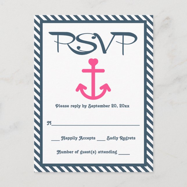 Invitation Carte Postale RSVP Ancre rose marine Mariage à bande bleue (Devant)