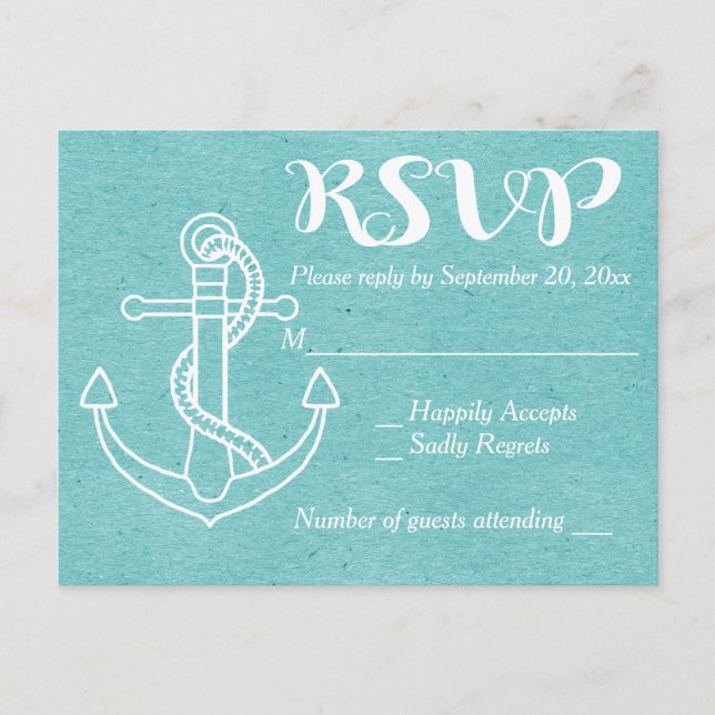 Invitation Carte Postale RSVP Blue Turquoise Navire Ancre Mariage nautique (Devant)
