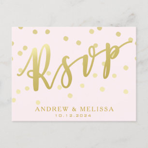 Invitation Carte Postale RSVP   Blush Pink & Faux Gold Script