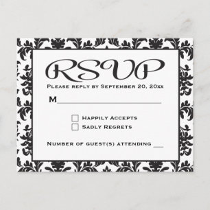 Invitation Carte Postale RSVP Damassé Mariage / Fête Noir Et Blanc
