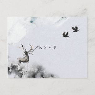 Invitation Carte Postale RSVP de mariage Forêt Enchantée Cerf Lune Gibbeuse