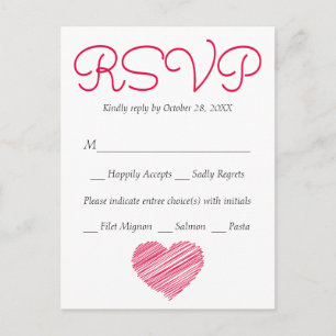 Invitation Carte Postale RSVP Doodle Cœur Rose Rouge Fête / Mariage (Repas)