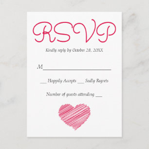 Invitation Carte Postale RSVP Doodle Cœur Rose Rouge Mariage Fête (Sans Rep