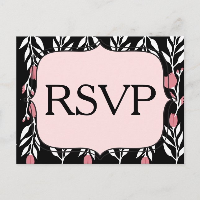 Invitation Carte Postale RSVP Floral rose blanc et noir (Devant)