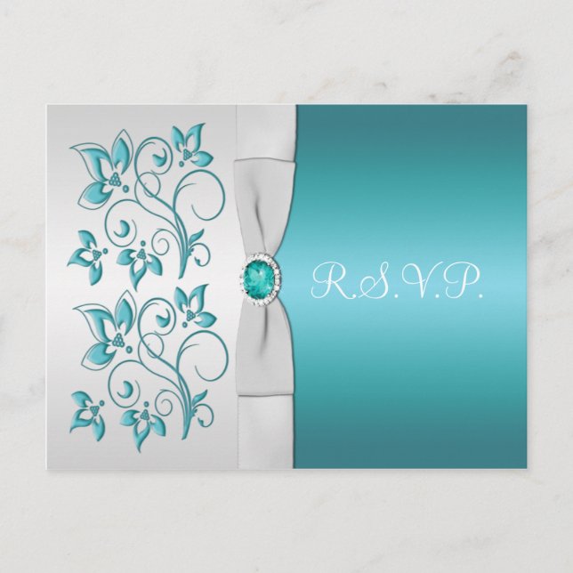 Invitation Carte Postale RSVP florale d'eau et d'argent (Devant)