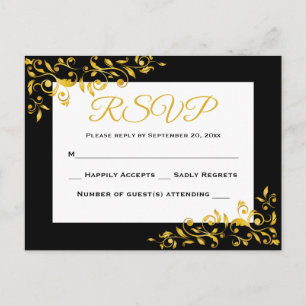 Invitation Carte Postale RSVP Gold & Black Floral Swirl Response - Aucun me