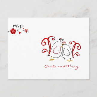 Invitation Carte Postale RSVP lovebirds et cerisiers en fleurs PC
