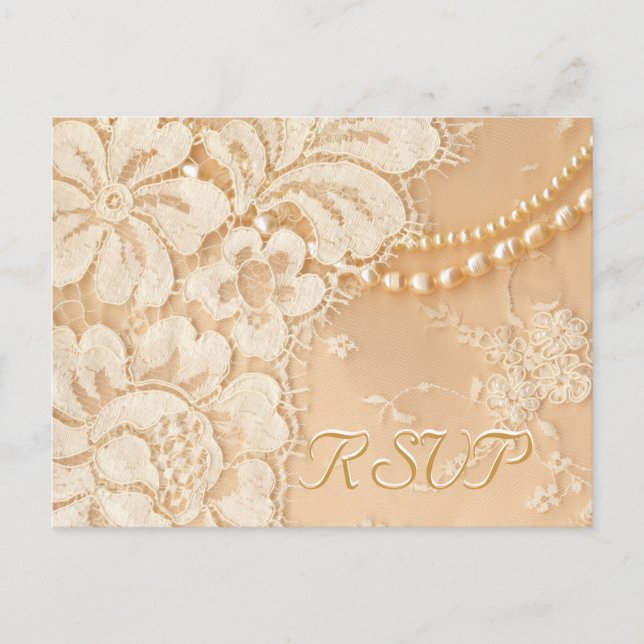 Invitation Carte Postale RSVP Mariage Dentelle et Perles (Devant)