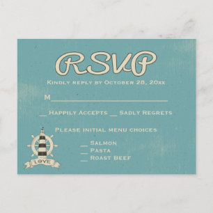 Invitation Carte Postale RSVP nautique bleu sarcelle Phare et roue de navir