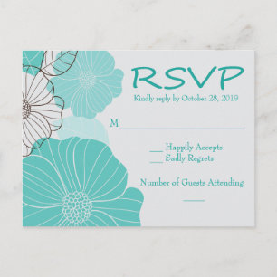 Invitation Carte Postale RSVP Party Floral Turquoise, Fleur Mariage Turquoi