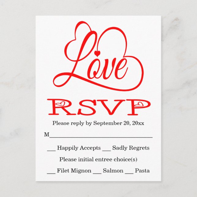 Invitation Carte Postale RSVP Red and White Love Hearts Mariage / voiture d (Devant)