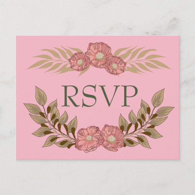 Invitation Carte Postale RSVP rose et vert (Devant)