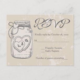 Invitation Carte Postale RSVP rustique Mason Jar Hearts Brown Tan Mariage