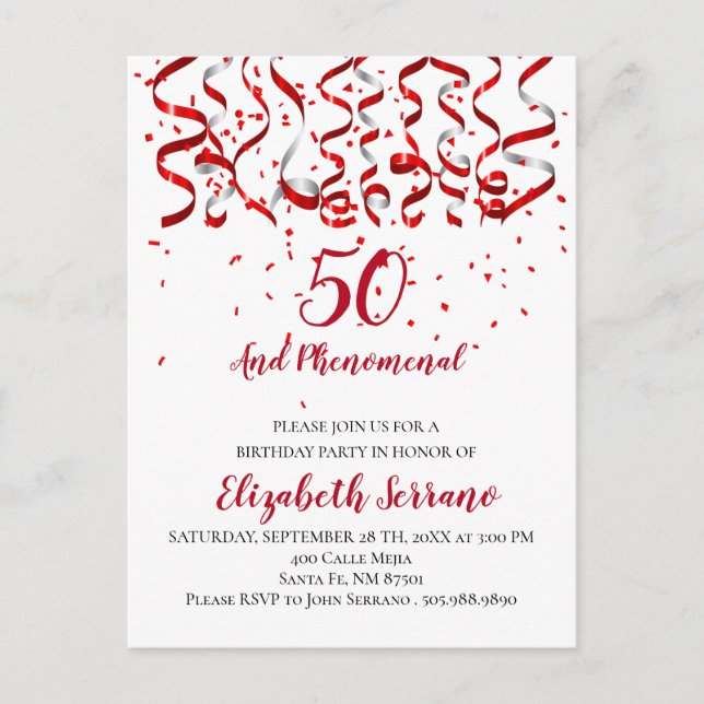 Invitation Carte Postale Ruban rouge moderne et Confetti 50e anniversaire (Devant)