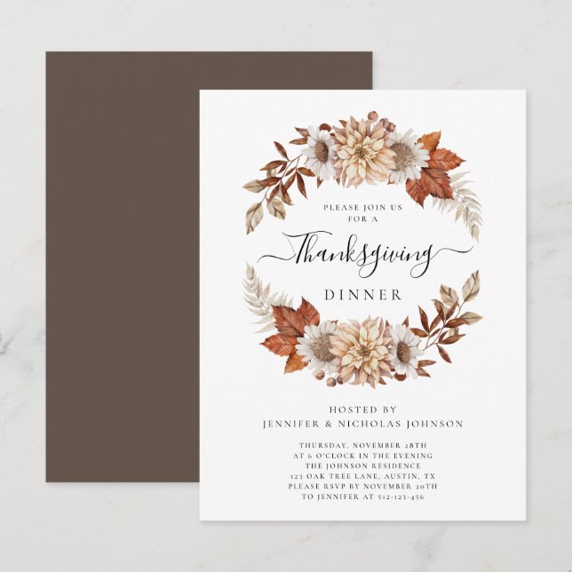 Invitation Carte Postale Russe Brown Automne quitte Thanksgiving Dîner (Devant / Derrière)