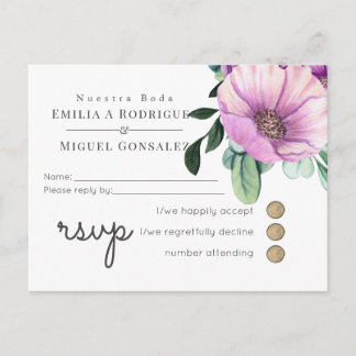 Invitation Carte Postale Russe violet RSVP Nuestra Boda Mariage espagnol